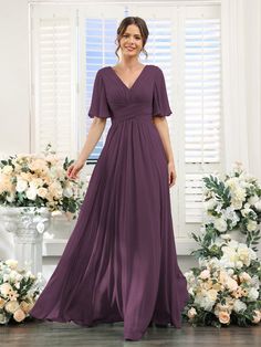 Plum Bridesmaid Dresses - Under $100, Short & Long | Lavetir Short Sleeve Bridesmaid Dress, Dresses With Pockets, Chiffon Bridesmaid Dresses, Party Dresses Online, Formal Party Dress, Chiffon Bridesmaid Dress, Butterfly Sleeves, Chiffon Bridesmaid, Formal Party