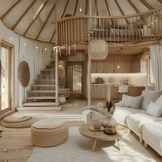 a living room filled with furniture and a spiral staircase