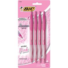 three pink pens in packaging on a white background