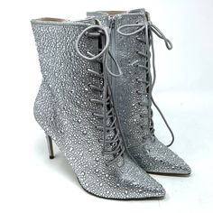 Steve Madden Valency Rhinestones Heeled Boots. So Cute And Brand New In Box! Size: 8 Heel: 4 1/4 Happy Shopping! Tnt Section 4 Silver Lace-up Heels For Night Out, Glamorous Lace-up Heels With Rhinestones, Embellished Silver Wedding Boots, Silver Embellished Wedding Boots, Silver Lace-up Heels For Party, Party Boots With Rhinestones And Lace-up, Silver Crystal Heels With Pointed Toe, Glamorous Silver Pointed Toe Boots, Party Lace-up Boots With Rhinestones