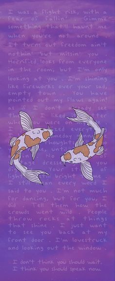 two koi fish swimming in front of a purple background with words written on it