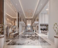 an elegant lobby with marble flooring and chandelier