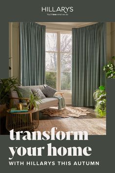 Blue curtains at a living room bay window. There is a grey sofa in front of the window with cushions and throws. Next to it. there's a metallic gold coffee table and there are lots of houseplants in the room. 50 Plus, Window Dressing, Thermal Curtains, Changing Seasons, Summer Sale, Blinds, Black Friday