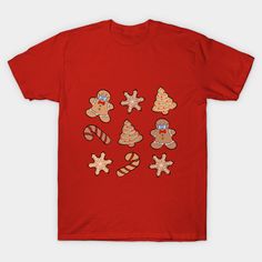 a red t - shirt with gingers, christmas cookies and candy canes on it