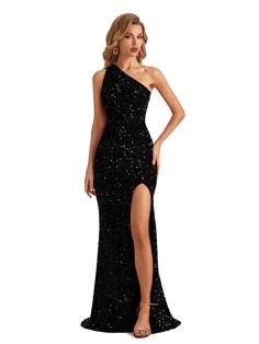 Sexy Mermaid One Shoulder Side Slit Sparkly Long Formal Prom Dresses - ChicSew One Shoulder Shiny Dress, One Shoulder Black Prom Dress, Prom Dresses Long Simple, Long Sparkly Dresses, Black Sparkly Prom Dress, Prom Dress Sparkly, Trouser Fashion, Asymmetrical Prom Dress, Matric Dress