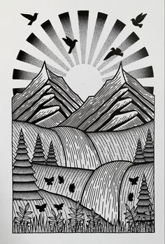 a black and white drawing of mountains with birds flying over them in front of the sun