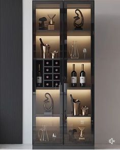 a tall glass cabinet filled with lots of bottles