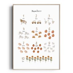 a poster with numbers and farm animals on it, in front of a white background