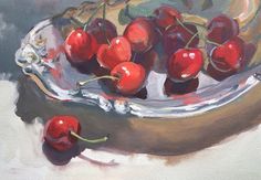 a painting of cherries in a bowl on a table