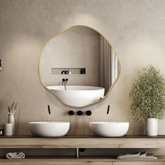 a bathroom with two sinks and a mirror on the wall above it, along with a potted plant