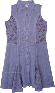 Find a modern way to go back to your roots with this western dress with unique patchwork in mixed fabric and embroidery. The linear stitching of this dress will flatter any body type and looks very rustic. The curved neck tops a line of artistic buttons that look perfect with the embroidery on the dress. Comes with a tie on the back to get the proper fit, the fabric is soft and comfortable to wear. This is the perfect dress to wear whenever you feel like dressing old-style, but not over the top! Sleeveless Purple Patchwork Dress, Purple Patchwork Sleeveless Dress, Bohemian Sleeveless Dress With Button Closure, Bohemian Sleeveless Lavender Dress, Long Dress With Jeans, Dress With Jeans, Summer Shirt Dress, Western Skirts, Embroidered Shirt Dress