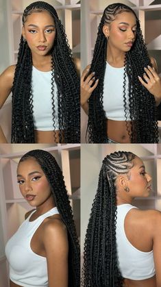 Feed In Braids Half Up Half Down Weave, Color Fulani Braids For Black Women, Braids For Half Up Half Down, Swoop Braids Styles, Twisted Cornrow Hairstyles, Braid Styles Half Up Half Down, New Black Girls Hairstyles For Braids, Half All Back Half Braids, Hairstyles Half Braid