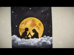 a painting of two people sitting in front of a full moon with clouds and stars