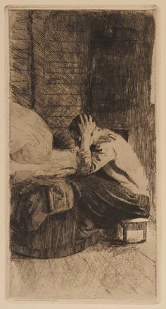 a black and white drawing of a person laying on a bed with their head in his hands