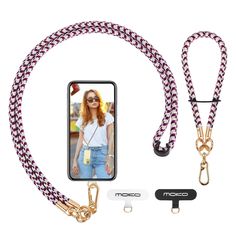 a cell phone with a lanyard, leash and keychain attached to it