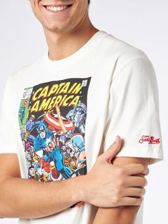 Man heavy cotton off-white t-shirtCaptain America printShort sleevesSt. Barth embroidery on the sleeveRound necklineRegular fitTrue to sizeComposition: 100% cotton Cotton Crew T-shirt With Embroidered Graphics, Crew Neck Cotton T-shirt With Embroidered Graphics, Cotton Crew Neck T-shirt With Embroidered Graphics, Retro Cotton Crew Neck T-shirt, Retro Cotton T-shirt With Embroidered Graphics, Cotton Graphic Print Crew Top, Retro Cotton Crew Top, Captain America Comic, Micro Print