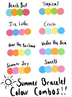 the words summer beach colors are written in black ink on a white background with colorful circles