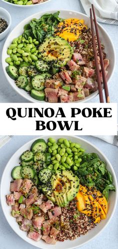 quinoa poke bowl with edamame, avocado, quinoa, seared tuna, cucumbers and mango Cooking Ahi Tuna, Ahi Tuna Steaks, Tuna Poke Bowl Recipe, Crunchy Toppings, Steak Lunch, Tuna Dinners, Seared Ahi Tuna, Tuna Steak Recipes, Nutritious Lunch