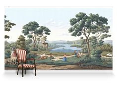 a wall mural with people and animals in the woods near a body of water on a sunny day