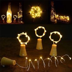 several different types of wine bottles with lights on them and some corks in the background