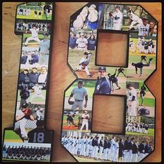 the letter b is made up of photos of baseball players and their names on it