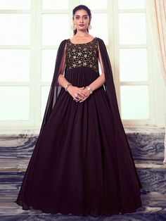 Purple Georgette Partywear Gown - Inddus.com Georgette Material, Georgette Gown, Gown With Dupatta, Pleated Gown, Purple Gowns, Designer Anarkali, Anarkali Gown, Gowns For Girls, Ladies Gown