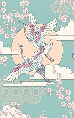 two birds flying in the sky with cherry blossoms on it's branches and clouds