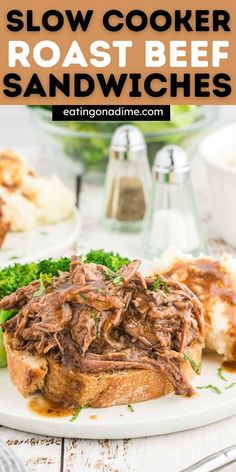 slow cooker roast beef sandwiches on a plate with broccoli