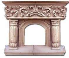 an old fireplace with ornate carvings on the top and bottom, against a white background