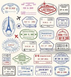 various passport stamps with the names of countries and their respective cities, all printed in different colors