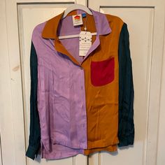 Never Worn Farm Rio Shirt. It's A Little Wrinkled In The Pictures But Will All Steam Out Beautifully Before It Is Shipped! Size Small. Color Block Button-up Tops For Work, Workwear Color Block Button-up Top, Purple Long Sleeve Shirt For Fall, Color Block Button-up Tops For Fall, Lavender Button-up Top For Fall, Purple Button-up Top With Buttons, Purple Cotton Color Block Tops, Purple Color Block Cotton Tops, Color Block Button-up Work Shirt