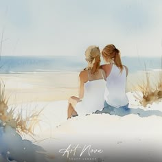 two women sitting on the beach looking out at the ocean and sand, watercolor painting