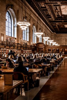 people sitting at desks in a library with bookshelves and chandeliers