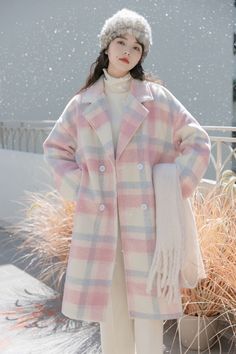 Faux wool pastel pink, blue and white plaid coat with an oversized fit, double breasted button closure and side pockets. Slightly padded lining for extra warmth. S: 44.5" chest, 41" lengthM: 46" chest, 41" lengthL: 47.5" chest, 41.5" lengthXL: 49" chest, 41.5" length Pastel Winter Outfit, Blue Outfit Winter, Cute Winter Fits, Pastel Winter, Pink Winter Coat, Outfits Pastel, Plaid Trench Coat, Christmas Outfit Ideas, Girl Dress Pattern