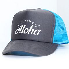 Living Aloha Hawaii Unique Trucker Hat Beach Hat 5-Panel Style 3 3/4" Structured Crown Polyester Foam Front Mesh Back Snapback Cap Color: Charcoal / Aqua One Size Fits All Designed And Printed With Aloha In Hawaii Brand New Adjustable Gray Trucker Hat With Flat Bill, Gray Adjustable Snapback Trucker Hat, Adjustable Gray Flat Bill Trucker Hat, Blue Adjustable Trucker Hat With Short Brim, Summer Gray Snapback Hat With Adjustable Fit, Gray Adjustable Snapback Hat For Summer, Adjustable Gray Baseball Cap For Beach, Gray Snapback Trucker Hat One Size, Adjustable Gray Baseball Cap For The Beach