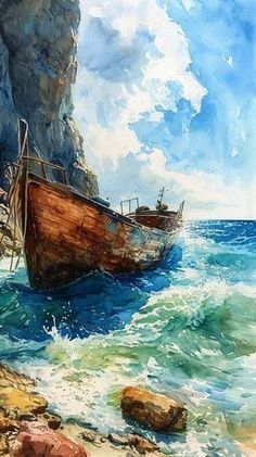 an oil painting of a boat on the beach