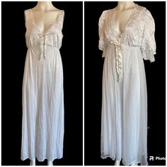 In Excellent Condition. Dreamy Vintage Nightgown & Peignoir Set. White Ros Pattern Satin Top And Sheer Bottoms. Big Puff Sleeves With Lace Trim On Robe. 100% Nylon. Measurements- 16.5” Pit To Pit 11.5-16” Unstretched To Stretched Elastic Under Bust. 54” Top Of Shoulder To Hem Elegant Flowy Sleepwear For Loungewear, Flowy Nightgown For Wedding Night, Flowy White Nightgown For Loungewear, Feminine Flowy Sleepwear, Empire Waist Lace Trim Nightgown For Wedding Night, Elegant Empire Waist Lace Trim Nightgown For Wedding Night, Elegant Lace Trim Empire Waist Nightgown For Wedding Night, Wedding Night Nightgown With Lace Trim And Empire Waist, Wedding Night Lace Trim Empire Waist Nightgown