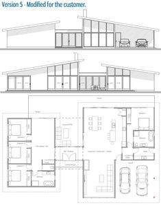 the floor plan for a modern house with two levels and three cars parked in it