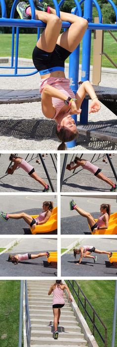 a woman doing a handstand on some steps