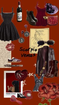 a collage of clothes, shoes and other items on a red background with the words scorpio venez