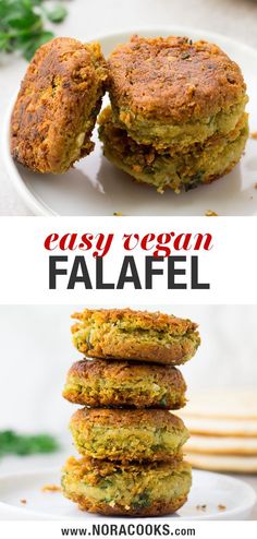 two photos with the words easy vegan falafel on top and bottom