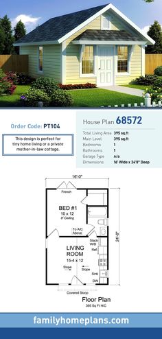 the floor plan for a small house with two bedroom and an attached garage is shown