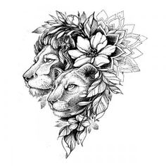 two lions with flowers on their head and leaves around the neck, both facing each other