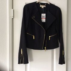 Michael Kors Black Blazer With Gold Zippers On Arms And Front Closure New Never Worn Gold Zipper, Black Blazer, Suit Jackets, Colored Blazer, Michael Kors Black, Blazer Suit, Brain, Suit Jacket, Michael Kors