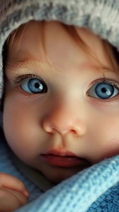 a close up of a baby with blue eyes and a blanket on his head looking at the camera