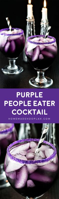 the purple people eater cocktail is served in glasses