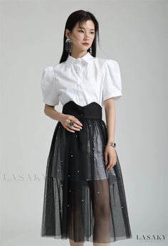 Lasaky - Womens High-waisted Mesh Cami Dress with Shirt Dress Set, Short Sleeve Suspenders Dress, French Dresses, Ropa Upcycling, Chain Clothing, Two Piece Sets Summer, Puffer Jacket Outfit, Office Clothes, Peter Pan Collar Shirt, Elegante Y Chic