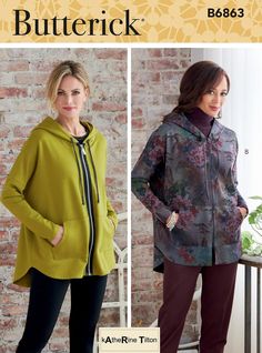 two women in jackets and pants standing next to each other with the words butterick on them