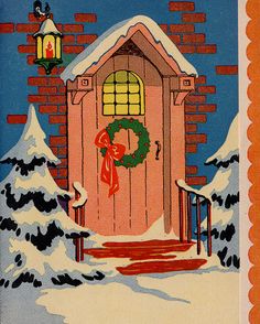 an old fashioned christmas card with a red door