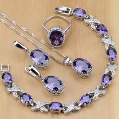 Purple Amethyst Jewelry Set Earrings Pendant Necklace Ring Bracelet Elegant Purple Jewelry Sets For Formal Occasions, Purple Oval Jewelry For Party, Silver Gemstone Jewelry Sets For Formal Occasions, Purple Oval Party Jewelry, Elegant Silver Amethyst Jewelry, Amethyst Jewelry Set, Tiffany Bracelet Silver, Amethyst Set, Jewelry Purple